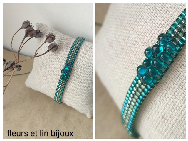 Z-Bracelet tissé main turquoise et bronze, gouttes en perles de verre miyuki réglable sur fil de jade résistant, pièce unique 