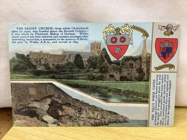 The Priory Christchurch, Hampshire & The Tilly Whim Caves Dorset, Posted 1909 antique postcard Our Ref No. R582 £2.50