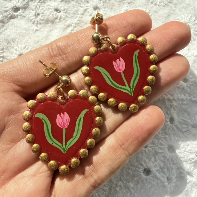 Red Heart Romantic Pink Tulip Earrings