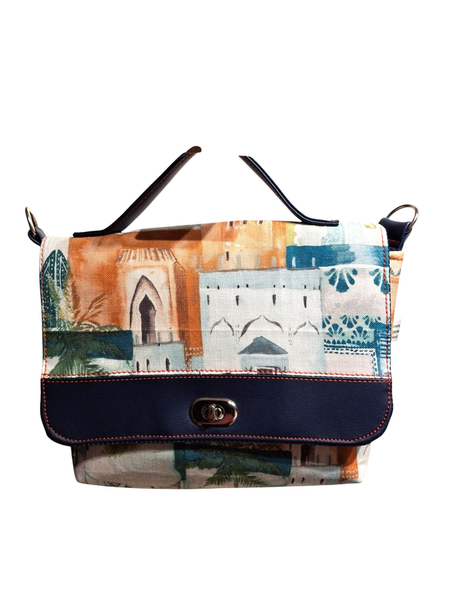 Fabric and vinyl handbag with a medeterrainian theme