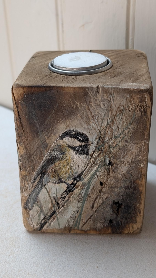 Chickadee perched on a small branch - Tealight Holder