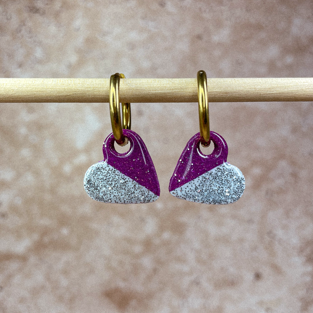 P'tits cœurs - Moit/Moit violet &amp; paillettes (sans créoles) 