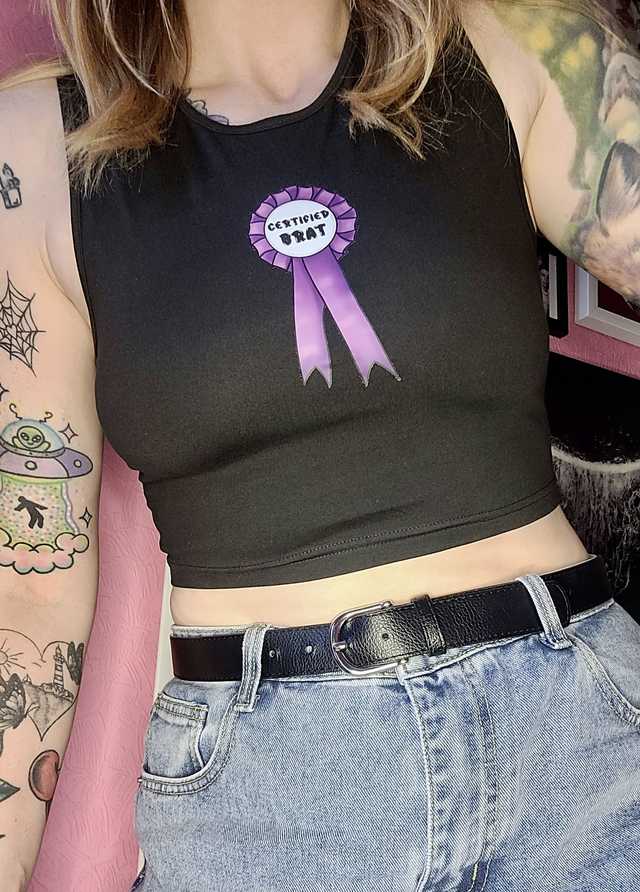 Certified Brat Black Crop Vest – Alt Graphic Tank Top with Purple Rosette Award Print | Stretchy Fit Sizes S‑XL