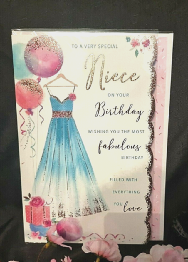 Niece Birthday Card Modern Dress Balloons Presents Design