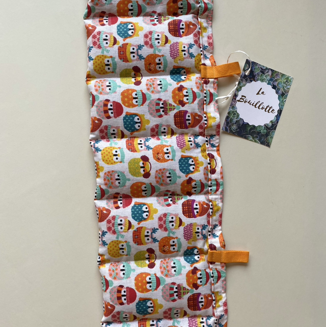 Bouillotte en graines de lin bio - longue 15x56 cm - Tissu chouettes