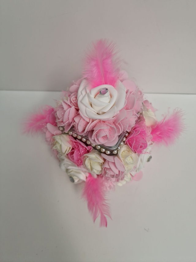 Boite A Bijoux Boite Décorative Fleurs Roses Blanches Plumes Perles Strass