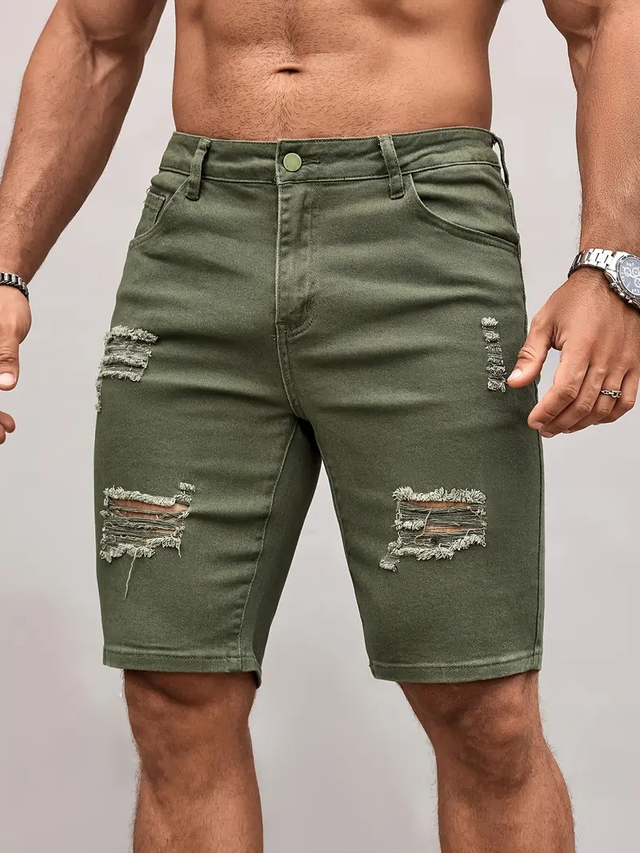 Men's Olive Green Ripped Denim Shorts