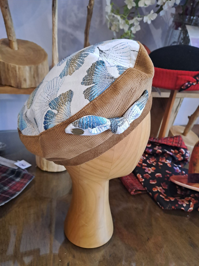 Béret chaud velours et tissu jacquard feuille de ginkgo