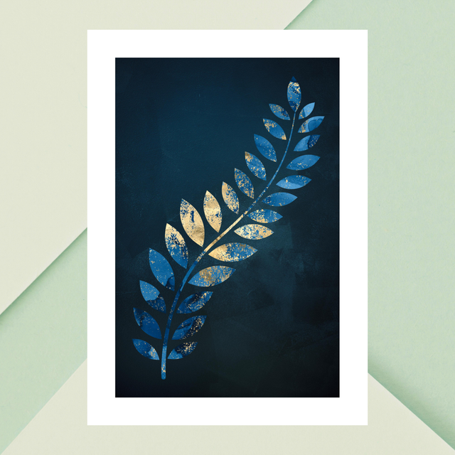 Impression Feuille Tropicale Dorée &amp; Bleue - Décoration Murale Exotique / Golden &amp; Blue Tropical Leaf Art Print - Exotic Wall Decor