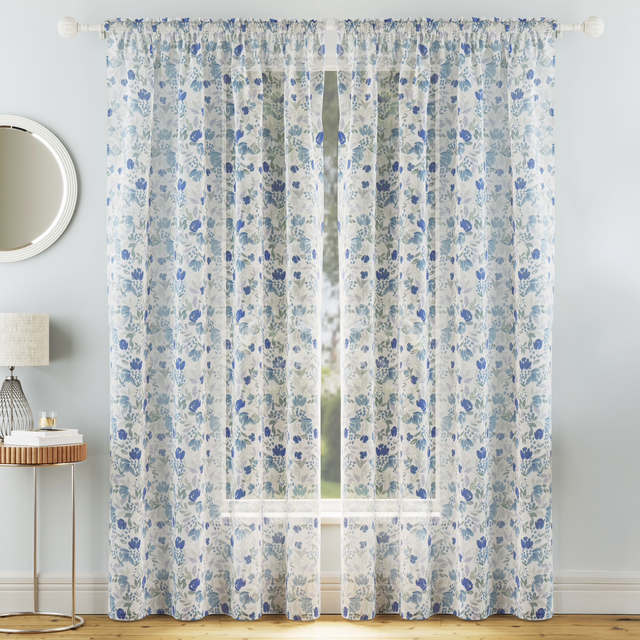 Mia Blue Floral Print Patterned Sheer Voile Panels 