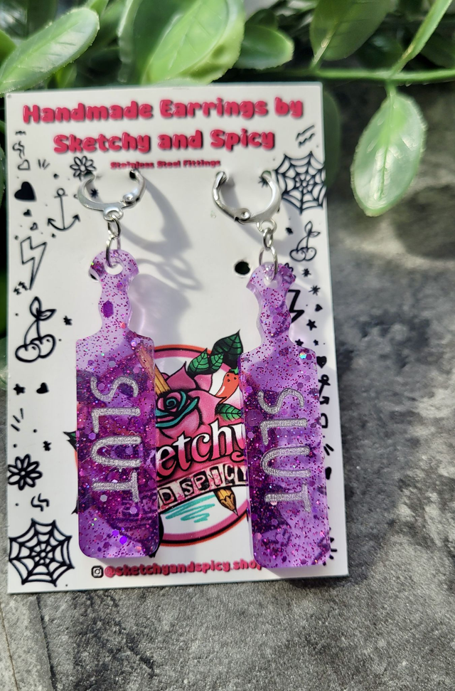 Earrings | SLUT Paddle Earrings Purple Glitter | Stainless Steel Hoops