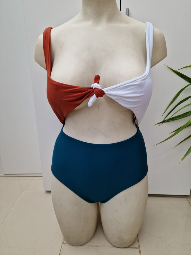 Maillot De Bain Sexy 1 Piece Effet 2 Pieces Blanc Bleu Pétrole Marron L (40-42)