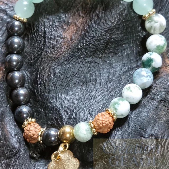 Agate arbre, rudraskha, aventurine verte et hématite non Magnétique 