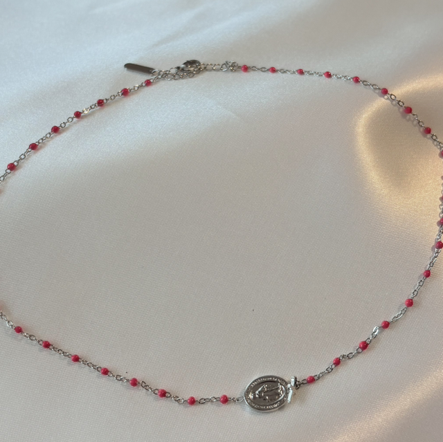 Collier boule et médaille madone rose 