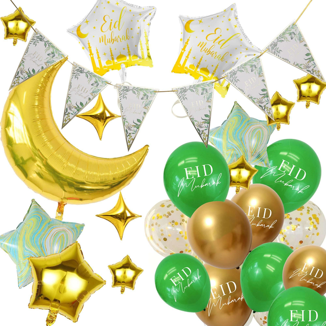 69 piece Eid Mubarak Green and Gold Balloon Kit with Bunting