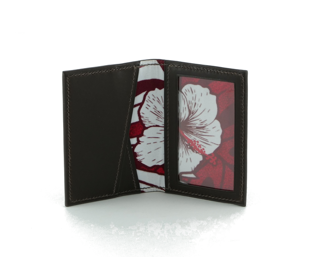Porte-Cartes MADO Marron foncé avec doublure tissu Nouvelle Calédonie motif hibiscus