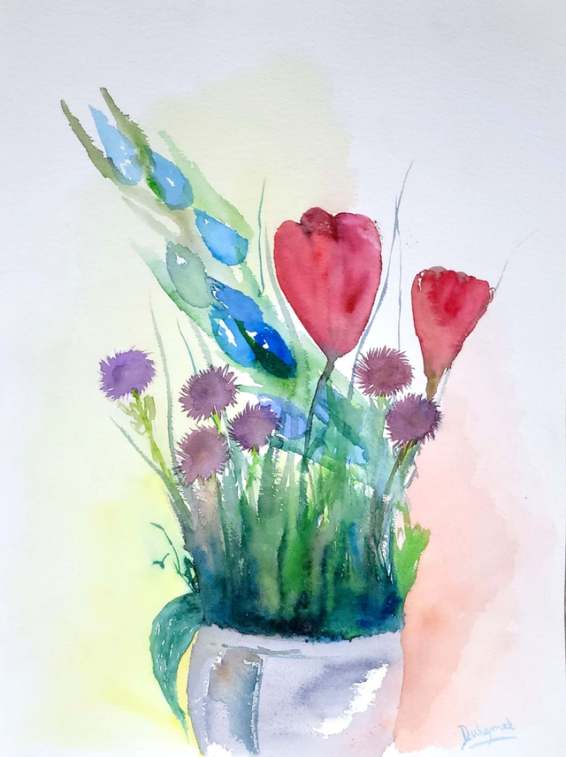 Mélange de fleurs et son vase gris, 2013