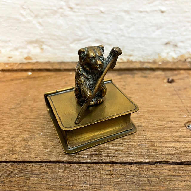Victorian Brass Novelty Stamp Box with Bear Finial England or Continental Europe, circa 1890–1910