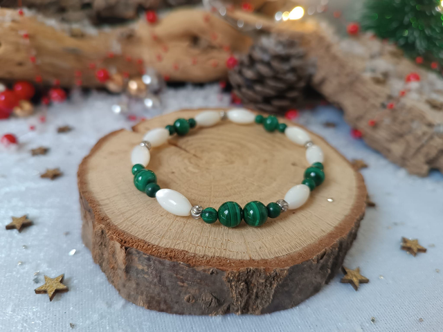 Bracelet Nacre et Malachite - Perles de 6mm