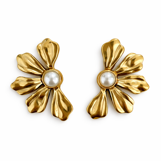 Pendientes acero dorado flor y perla 