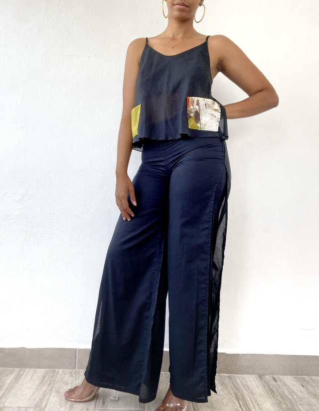 Ensemble Pantalon Voile De Coton Noir Doublé 