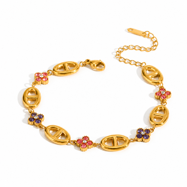 Bracelet maille marine et fleurs rose et violet