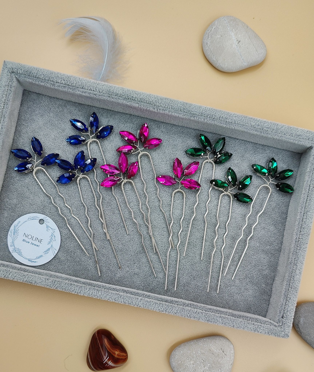 Lot de trois pics à cheveux argenté, cristaux bleu royale, rose ou vert, accessoire coiffure mariée