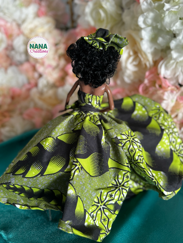 Poupée – Robe longue en Wax verte & Coiffe assortie - Fait main