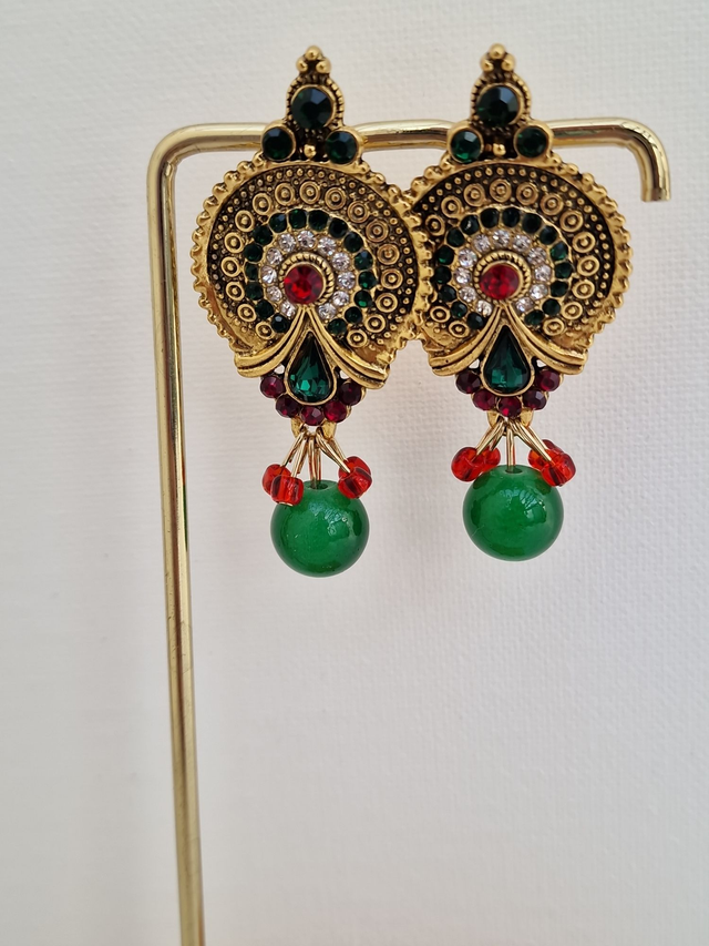 Boucles D'oreilles Vintage Retro Dorées Cristal Jade Vert Rouge