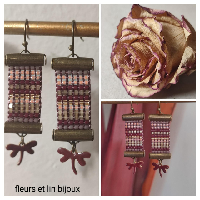 Z- Boucles d&#039;oreilles tissées main en perles de verre miyuki rose, bronze,or, bordeaux, pendentif papillon 🦋 bordeaux pièce unique, sans nickel 