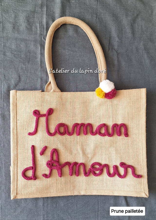 Sac en jute &quot;Maman d&#039;amour&quot; en tricotin