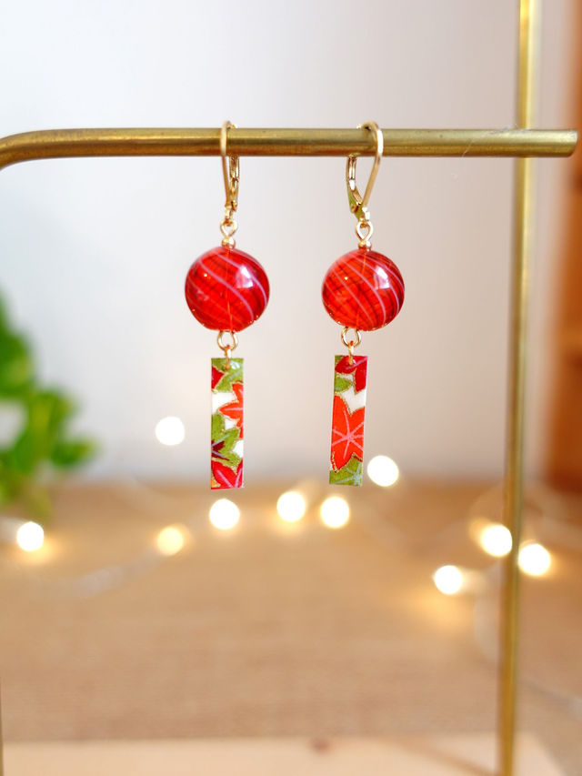 Carillon japonais / Clochette à vent / Fūrin / INOX doré / Boucles d'oreilles papier japonais WASHI / Bijou japonais / Rouge, Or /