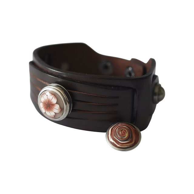 Bracelet large homme cuir marron fleur marron