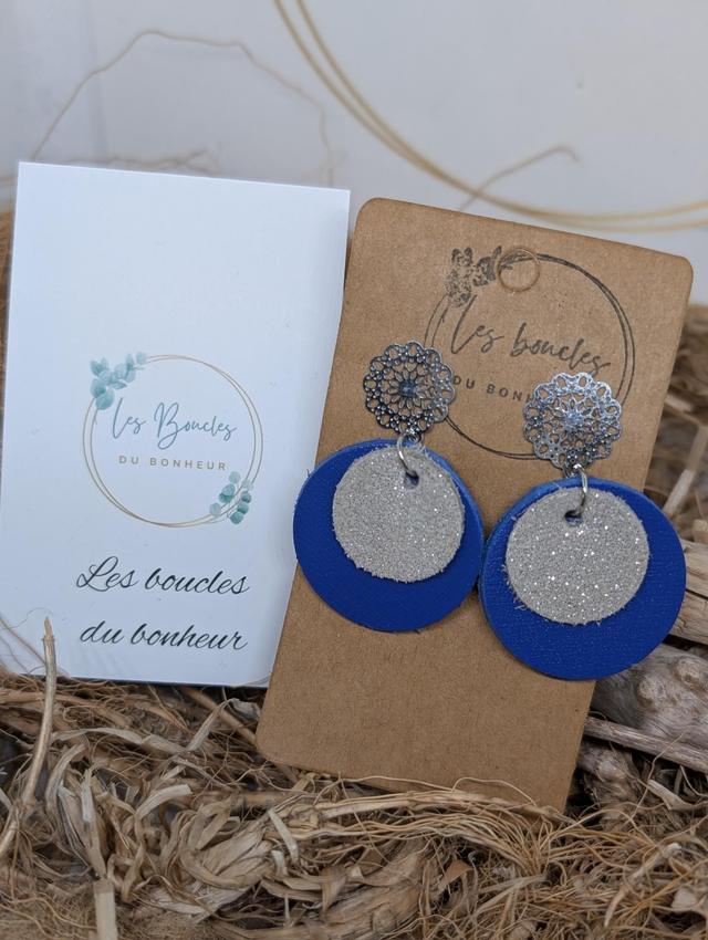 Boucles d&#039;oreilles Moon bleu gris argenté mo012