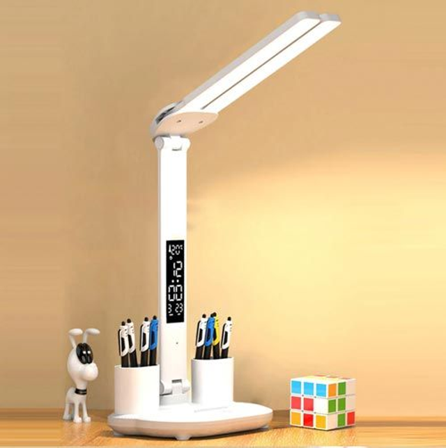 LED-Schreibtischlampe mit 3 Helligkeitsstufen, Kalender, Wecker und Stifthalter
