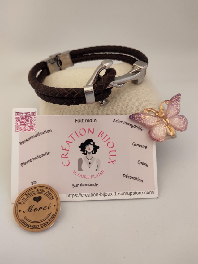 Bracelet similicuir marron et ancre