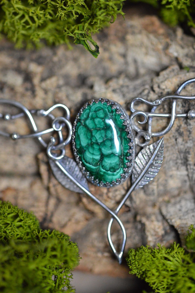 Collier Elfique - Malachite, feuilles simples