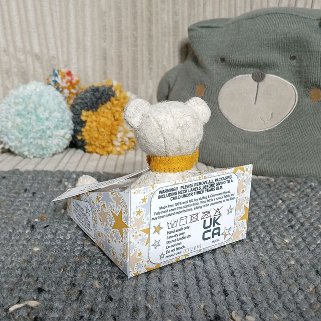 Prince. Miniature size, handmade teddy bear. UKCA. Tray base packaging. Standard Wool Felt. Beige. Mustard. Grey. Sand.