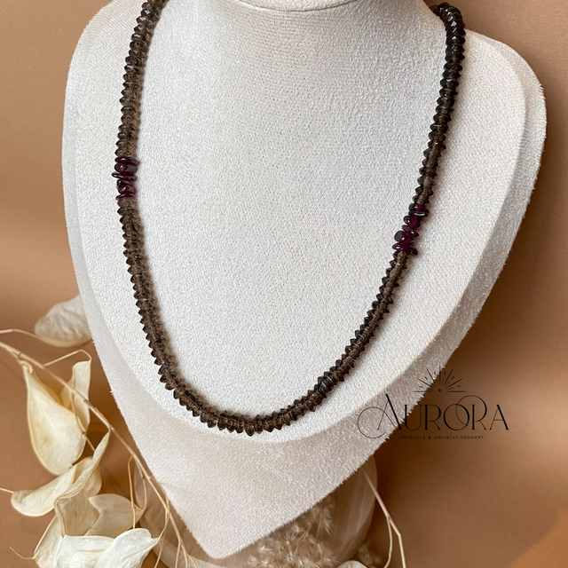 Rauchquarz facettiert, 6mm mit Granat Collier Kette 