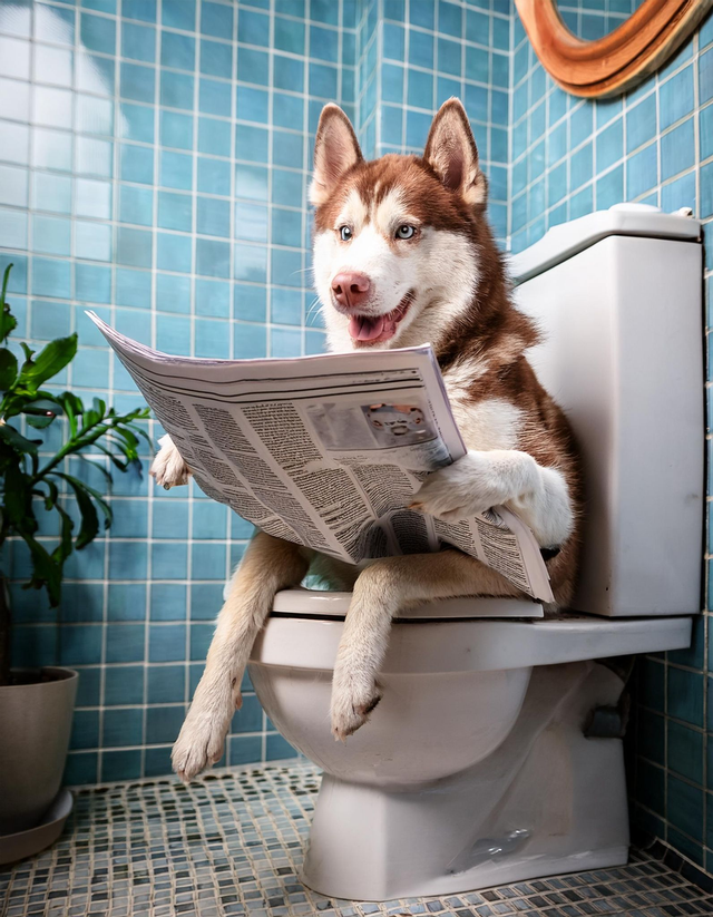 Husky on the Toilet Framed Canvas