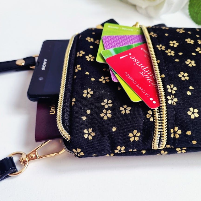 Mini-sac pour téléphone "Sakura" noir doré & simili cuir noir