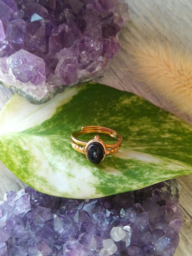 Bague ajustable acier doré,agate noire