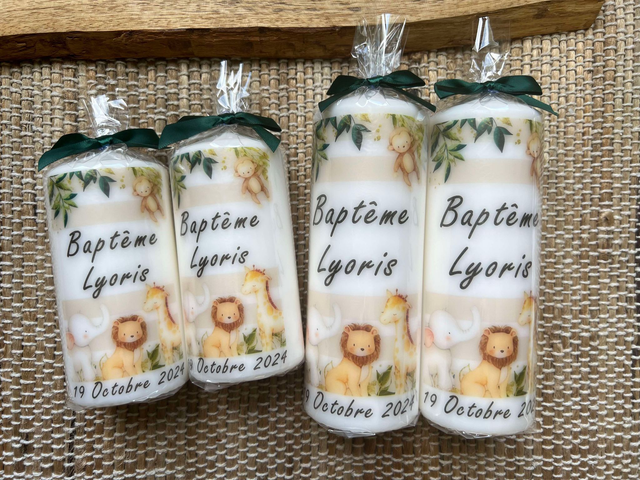 Bougie baptême, communion, naissance personnalisée singe, lion, girafe, éléphant.