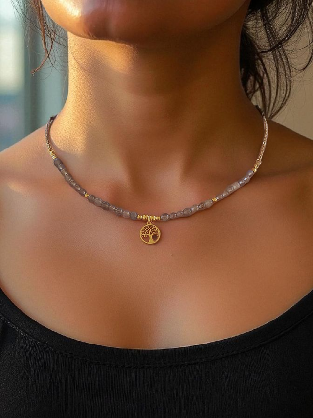 Ras de cou Doré "Labradorite" &amp; Symbole Sacré – Bijou lithothérapie