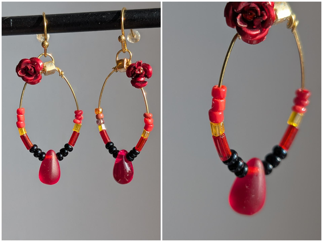 Boucles "roses rouges "et verre  noir/ orange/ rouge/jaune, acier inoxydable doré -sans nickel, pièce unique 