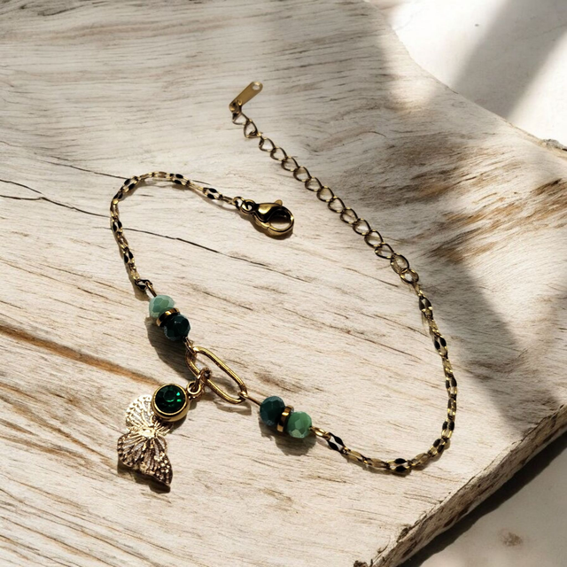 Bracelet acier inoxydable et strass vert d'eau et vert canard