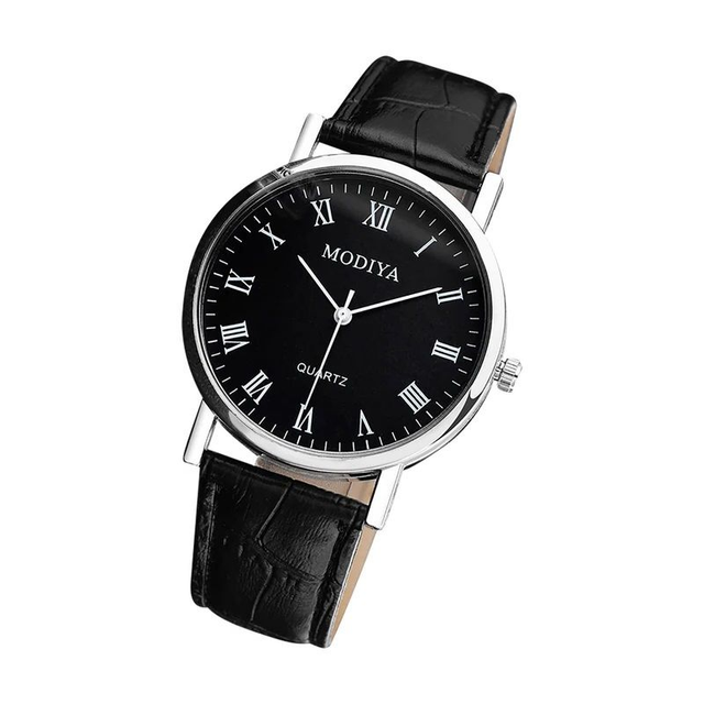 Montre Homme fond noir chiffres romain chemin de fer des minutes bracelet cuir noir 