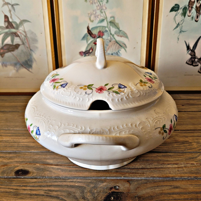 Soupière Tognana en porcelaine d'Italie, motifs en relief et fleurs (1)