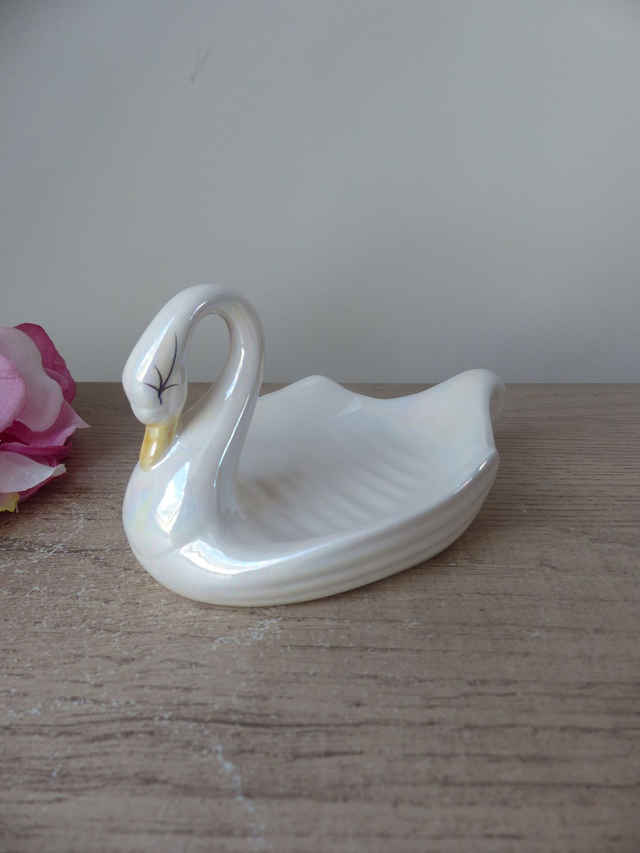 Porte-savon vintage en forme de cygne blanc irisé en céramique – Vide-poche, porte-bijoux ou porte-éponge Salle de bain, cuisine ou chambre