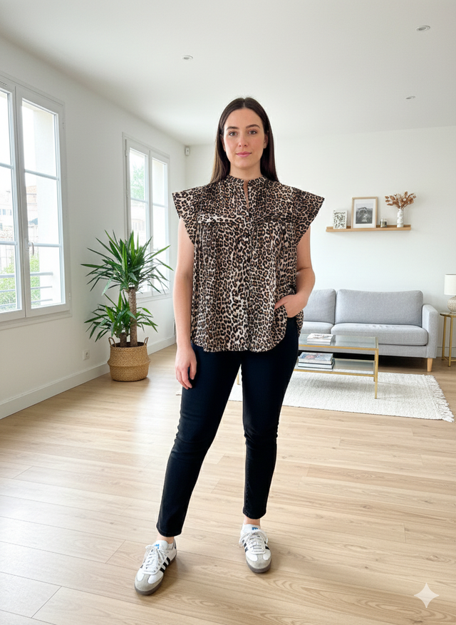 Chemise Evasée Avec Plis Motifs Léopard Kenza